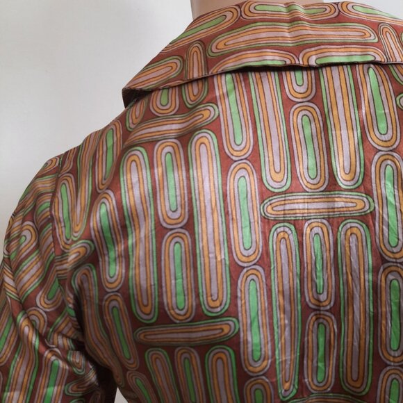 Vintage 1940s Shiny Rayon Blouse Abstract Print Button Front Brown Green Size S - Picture 10 of 11